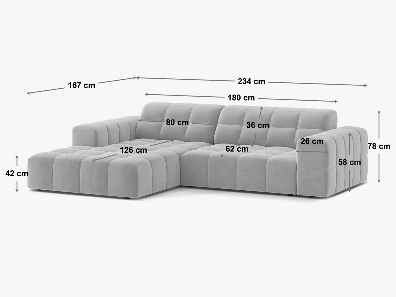 Cosmopolitan Design højrevendt hjørnesofa, "Chicago", 3-personers, 234 × 167 × 78 cm, Eden 10, sorte plastben