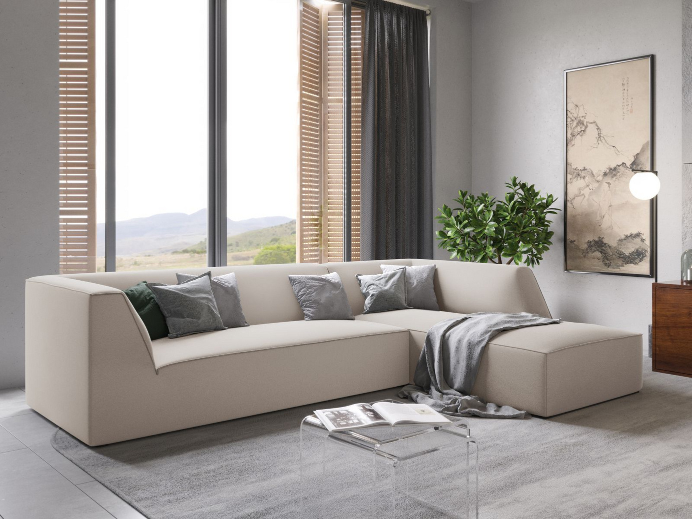 Cosmopolitan Design højrevendt velourmodulhjørnesofa, "Siena", 4-personers, 273 × 180 × 69 cm, Salvador, sorte plastben, Variant RC_M_44