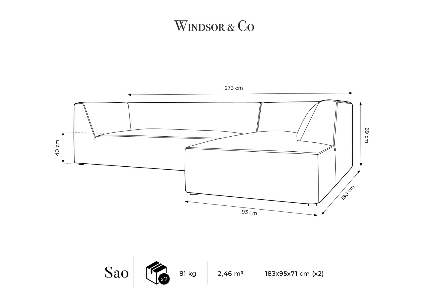 Cosmopolitan Design højrevendt velourmodulhjørnesofa, "Siena", 4-personers, 273 × 180 × 69 cm, Salvador, sorte plastben, Variant RC_M_44