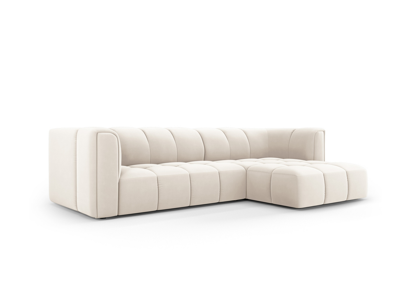 Cosmopolitan Design højrevendt velourmodulhjørnesofa, "Moritz", 3-personers, 256 × 160 × 70 cm, Bluvel, sorte plastben