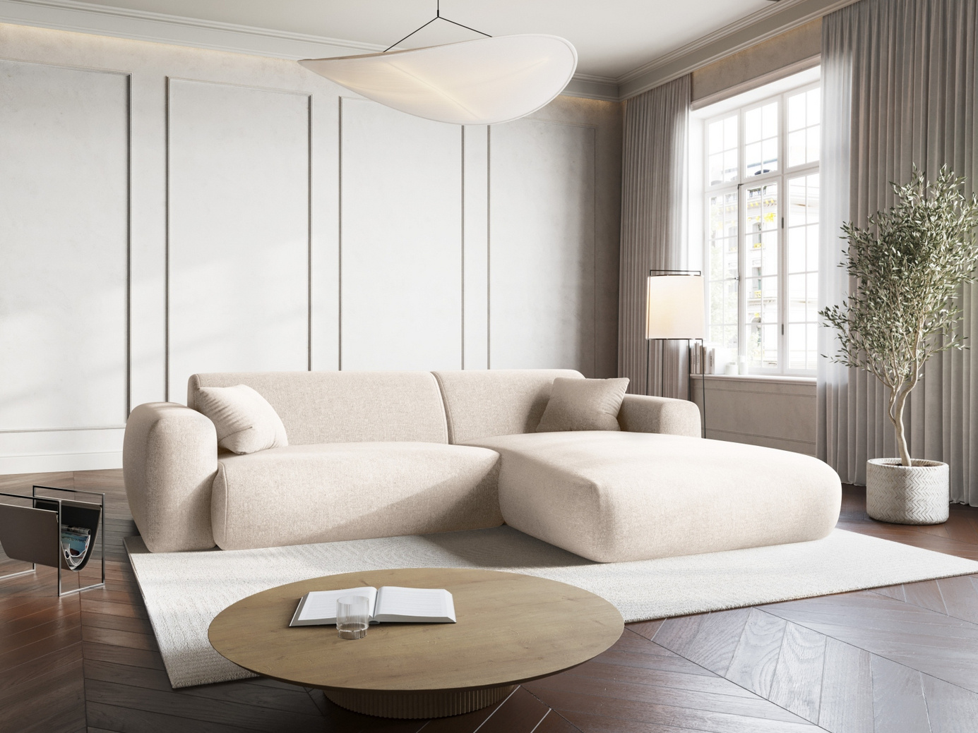 Cosmopolitan Design højrevendt hjørnesofa, "Nolio", 4-personers, 235 × 170 × 72 cm, Haga, sorte plastben