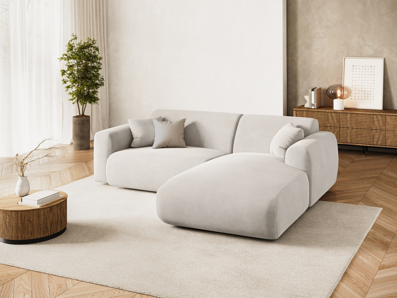 Cosmopolitan Design højrevendt velourhjørnesofa, "Nolio", 4-personers, 235 × 170 × 72 cm, Casino, sorte plastben