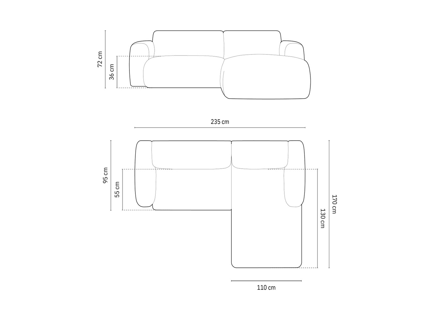 Cosmopolitan Design højrevendt velourhjørnesofa, "Nolio", 4-personers, 235 × 170 × 72 cm, Casino, sorte plastben