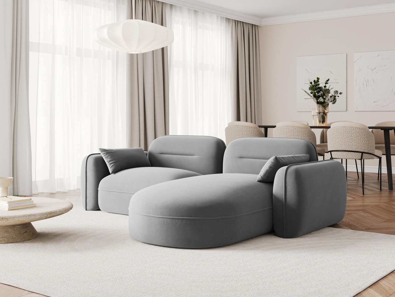 Cosmopolitan Design højrevendt velourmodulhjørnesofa, "Sydney", 3-personers, 230 × 165 × 70 cm, Casino, sorte plastben