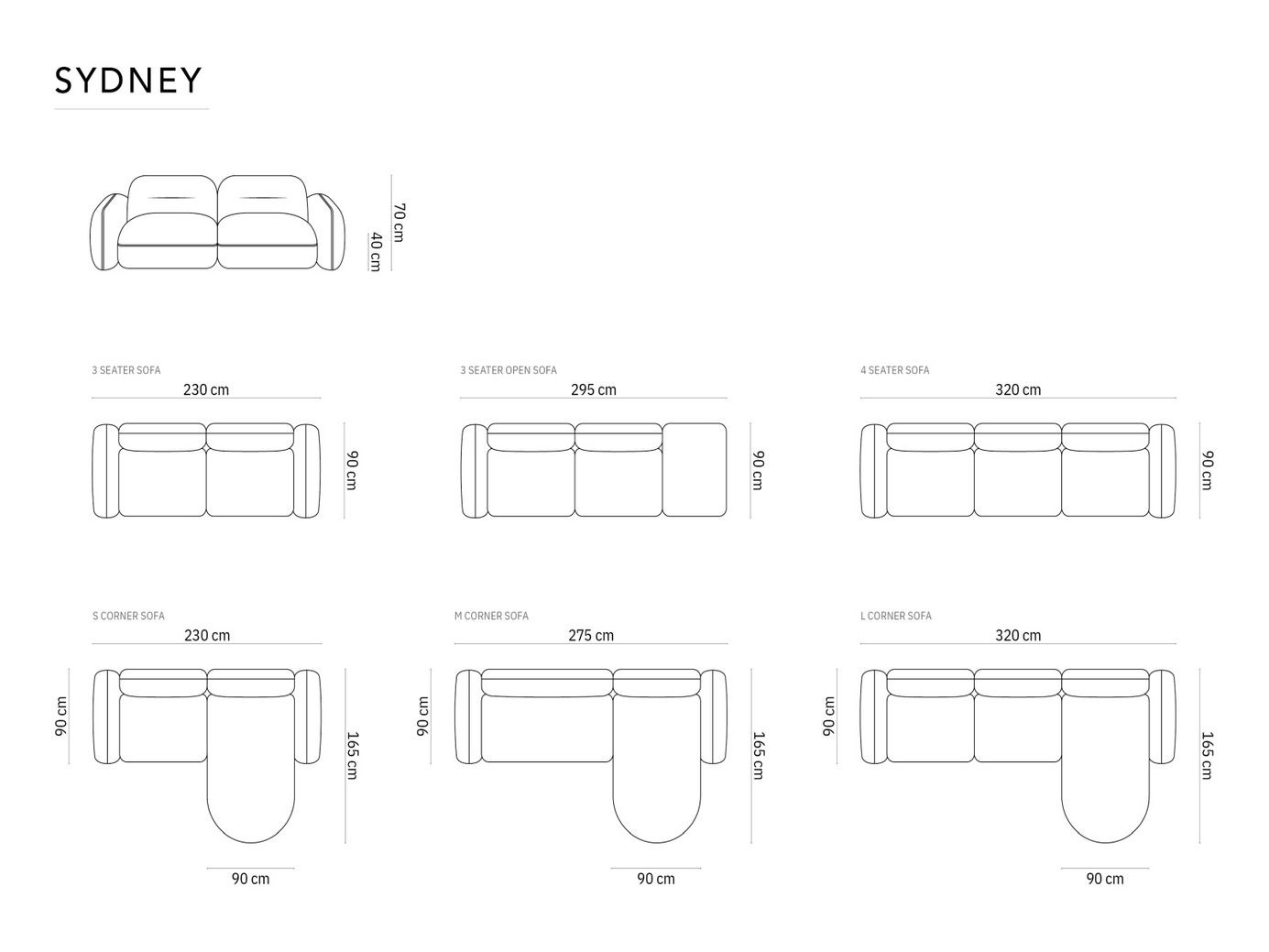 Cosmopolitan Design højrevendt velourmodulhjørnesofa, "Sydney", 3-personers, 230 × 165 × 70 cm, Casino, sorte plastben