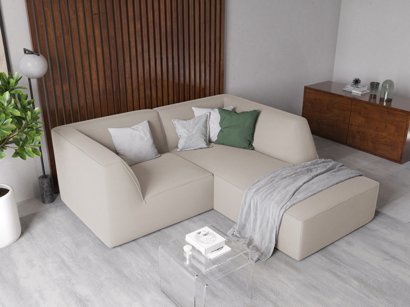 Cosmopolitan Design højrevendt velourmodulhjørnesofa, "Siena", 3-personers, 186 × 180 × 69 cm, Salvador, sorte plastben, Variant RC_S_44