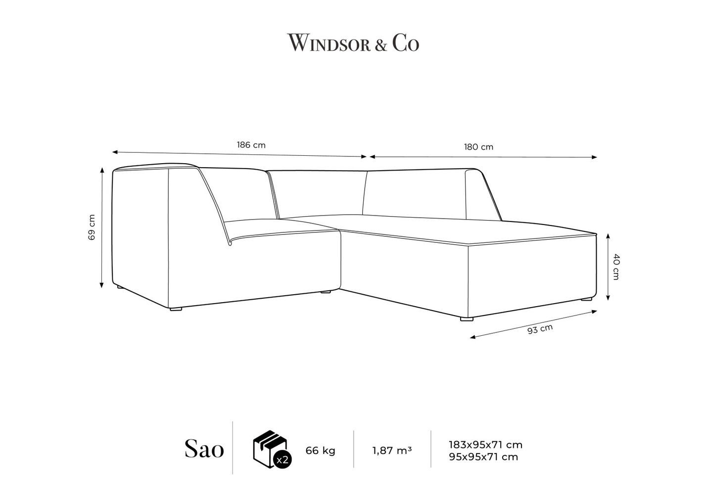 Cosmopolitan Design højrevendt velourmodulhjørnesofa, "Siena", 3-personers, 186 × 180 × 69 cm, Salvador, sorte plastben, Variant RC_S_44
