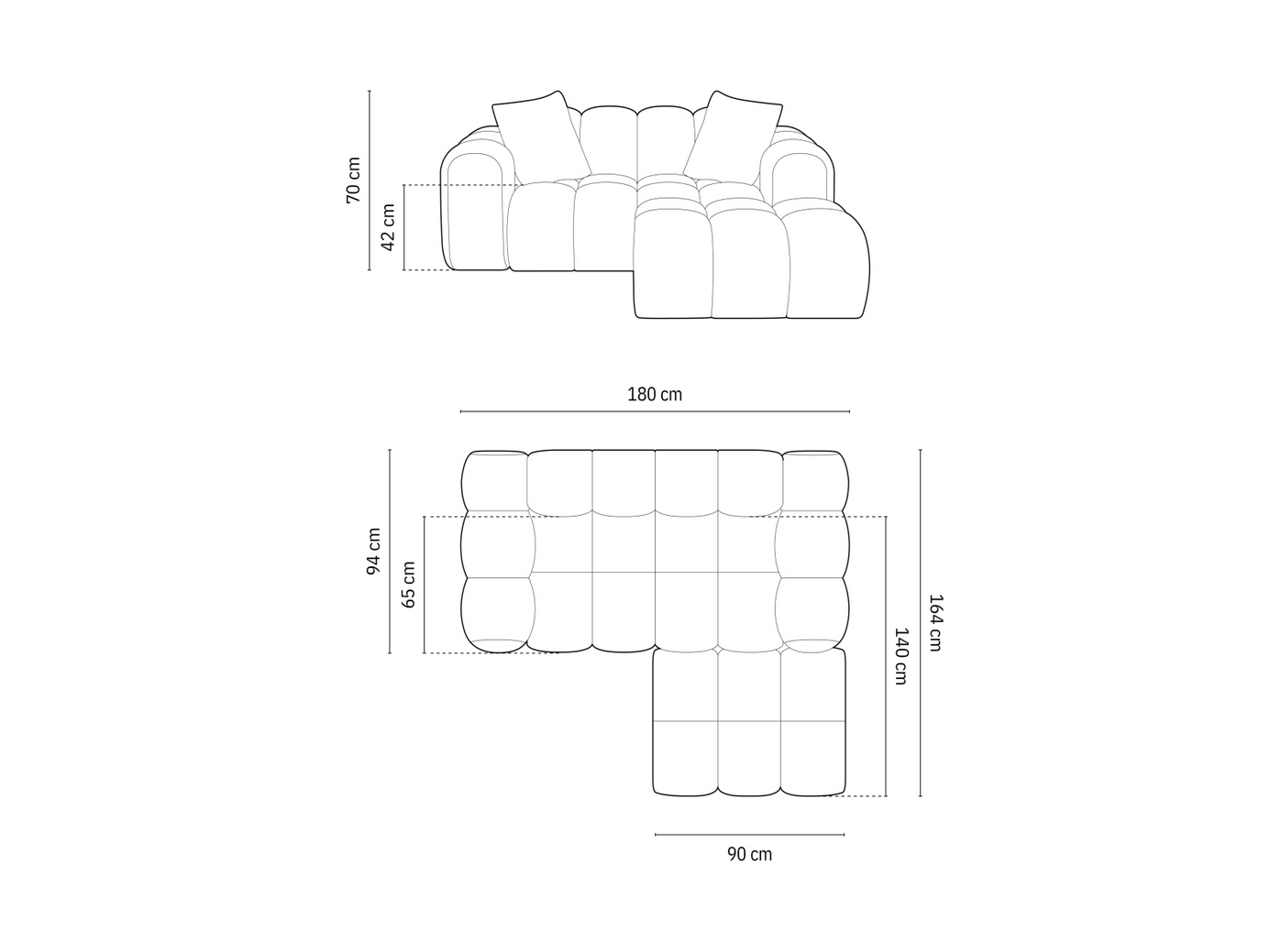Cosmopolitan Design højrevendt velourhjørnesofa, "Treno", 2-personers, 180 × 164 × 70 cm, Bluvel, sorte plastben