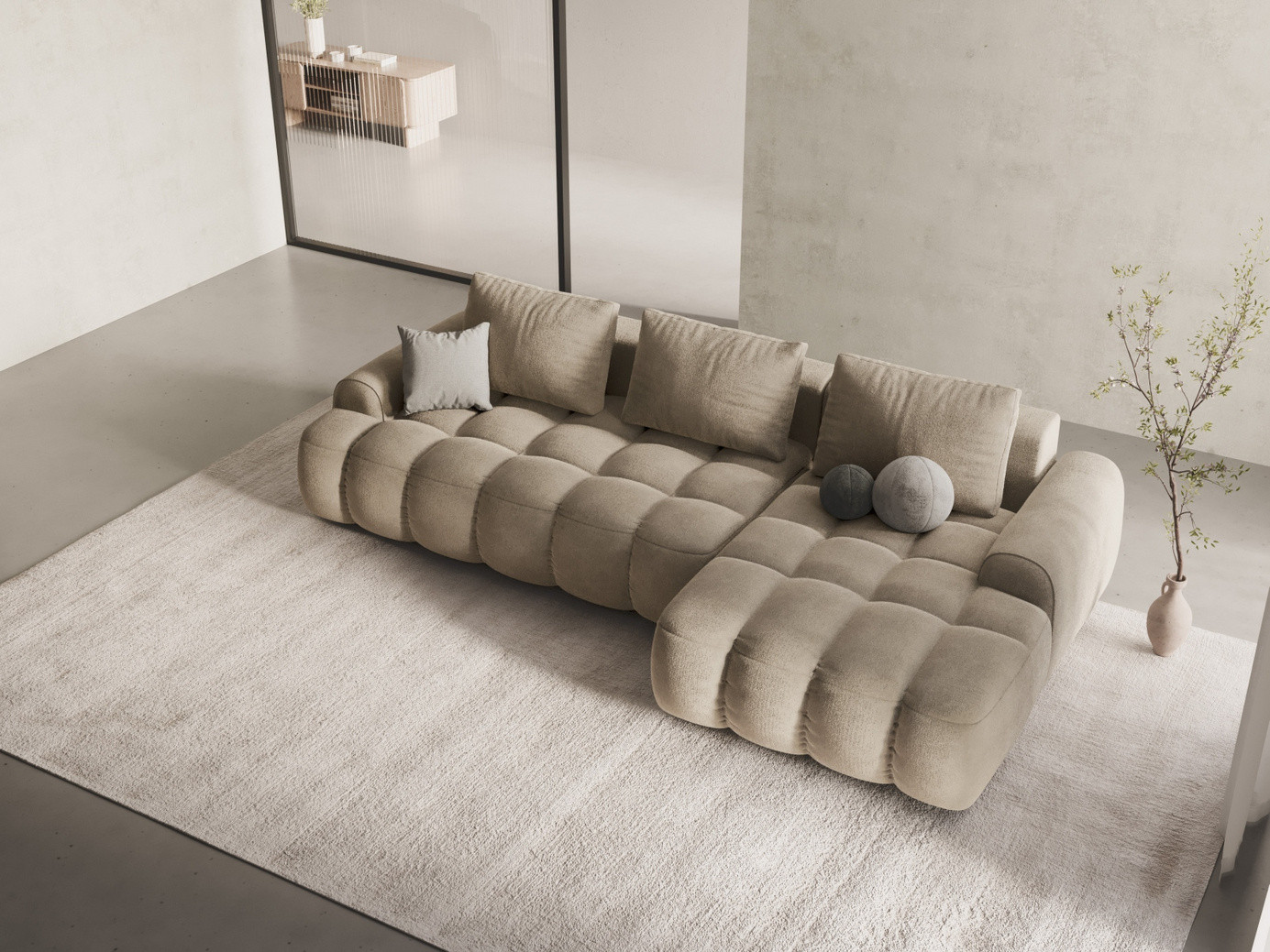Cosmopolitan Design højrevendt velourhjørnesovesofa med opbevaring, "Linz", 3-personers, 275 × 142 × 84 cm, Vogue, sorte plastben, Variant RCF_120