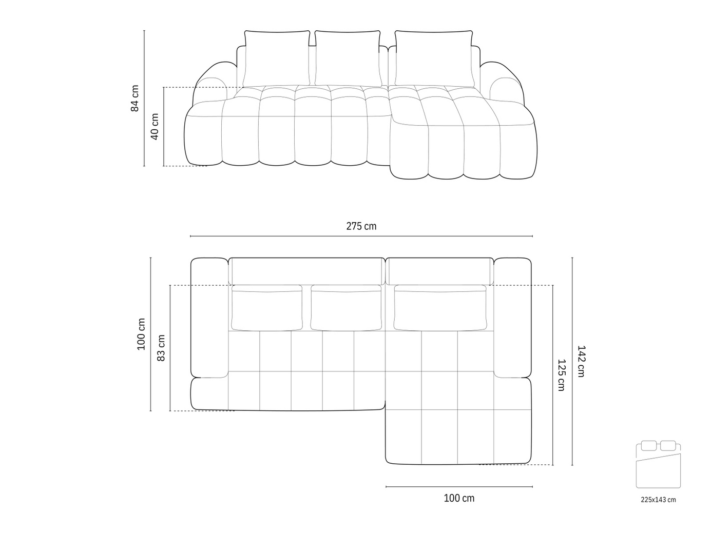 Cosmopolitan Design højrevendt hjørnesovesofa med opbevaring, "Linz", 3-personers, 275 × 142 × 84 cm, Sorella, sorte plastben, Variant RCF_193