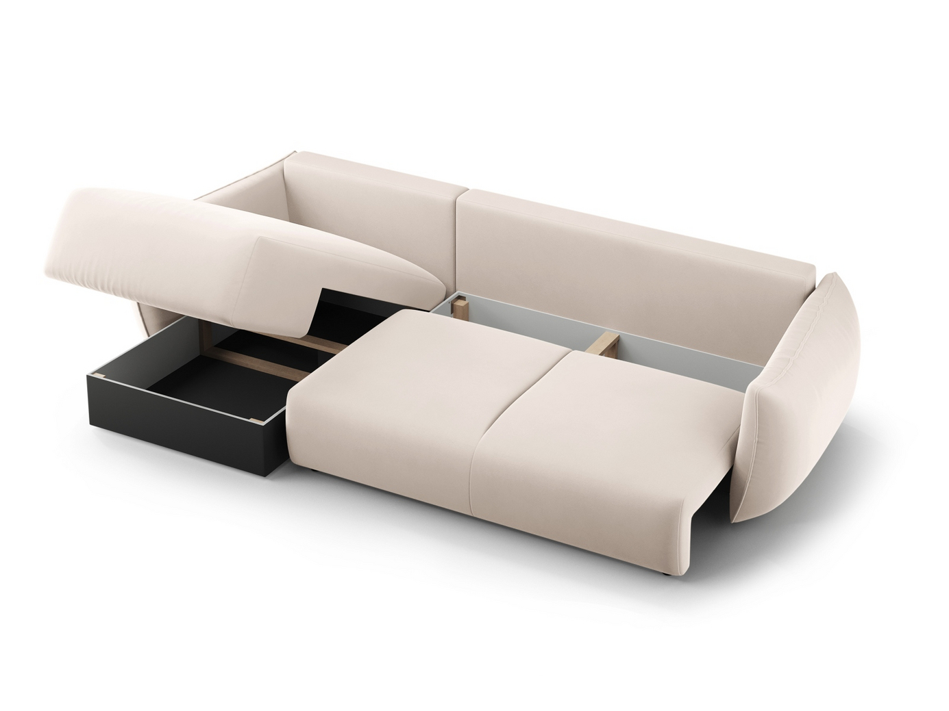 Cosmopolitan Design højrevendt velourhjørnesovesofa med opbevaring, "Matera", 4-personers, 253 × 173 × 86 cm, Salvador, sorte plastben