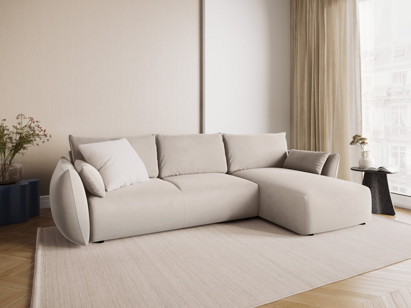 Cosmopolitan Design højrevendt velourhjørnesovesofa med opbevaring, "Matera", 4-personers, 253 × 173 × 86 cm, Salvador, sorte plastben