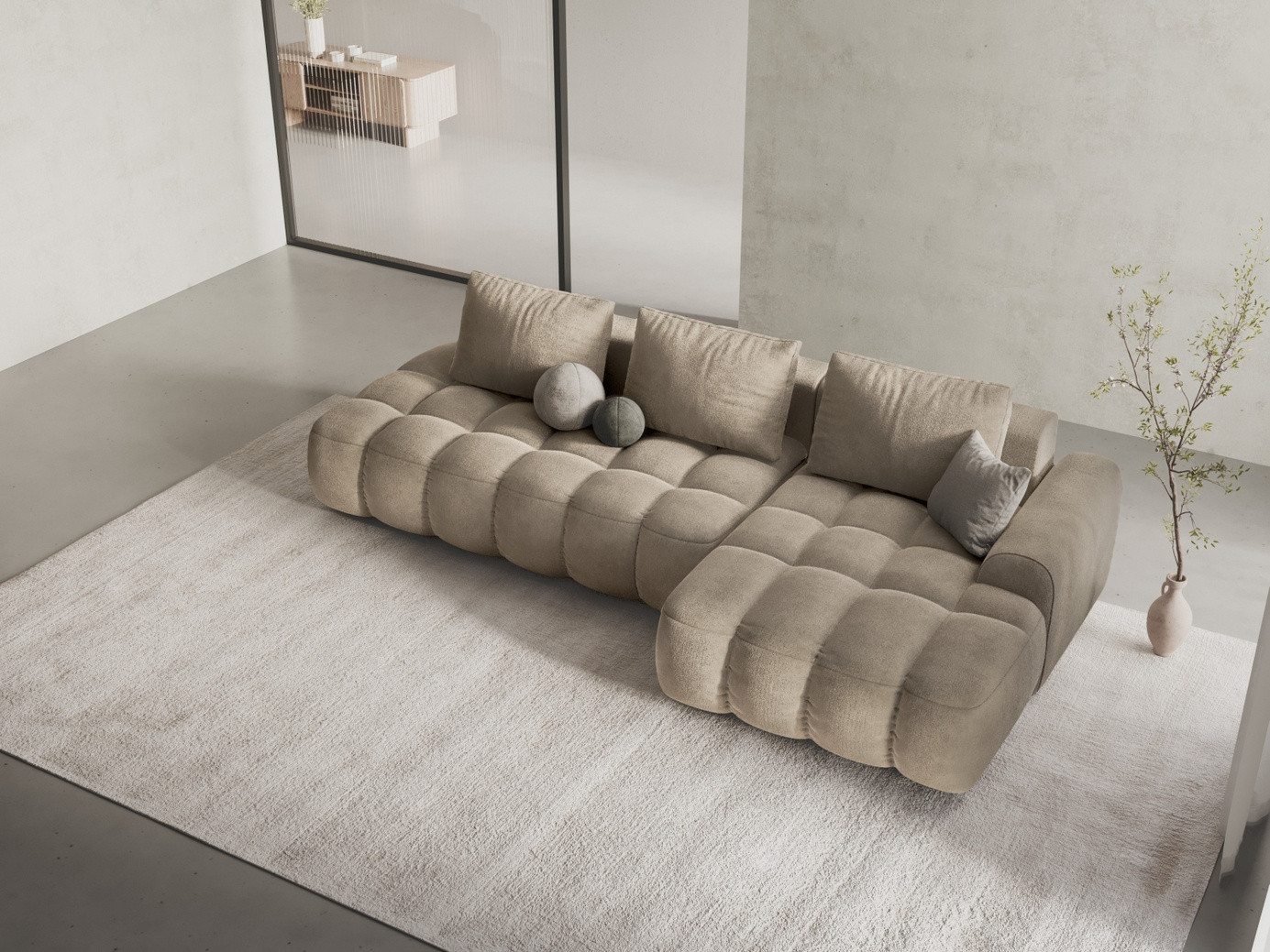 Cosmopolitan Design højrevendt velourhjørnesovesofa med opbevaring, "Linz", 3-personers, 275 × 142 × 84 cm, Vogue, sorte plastben, Variant RCFO_120