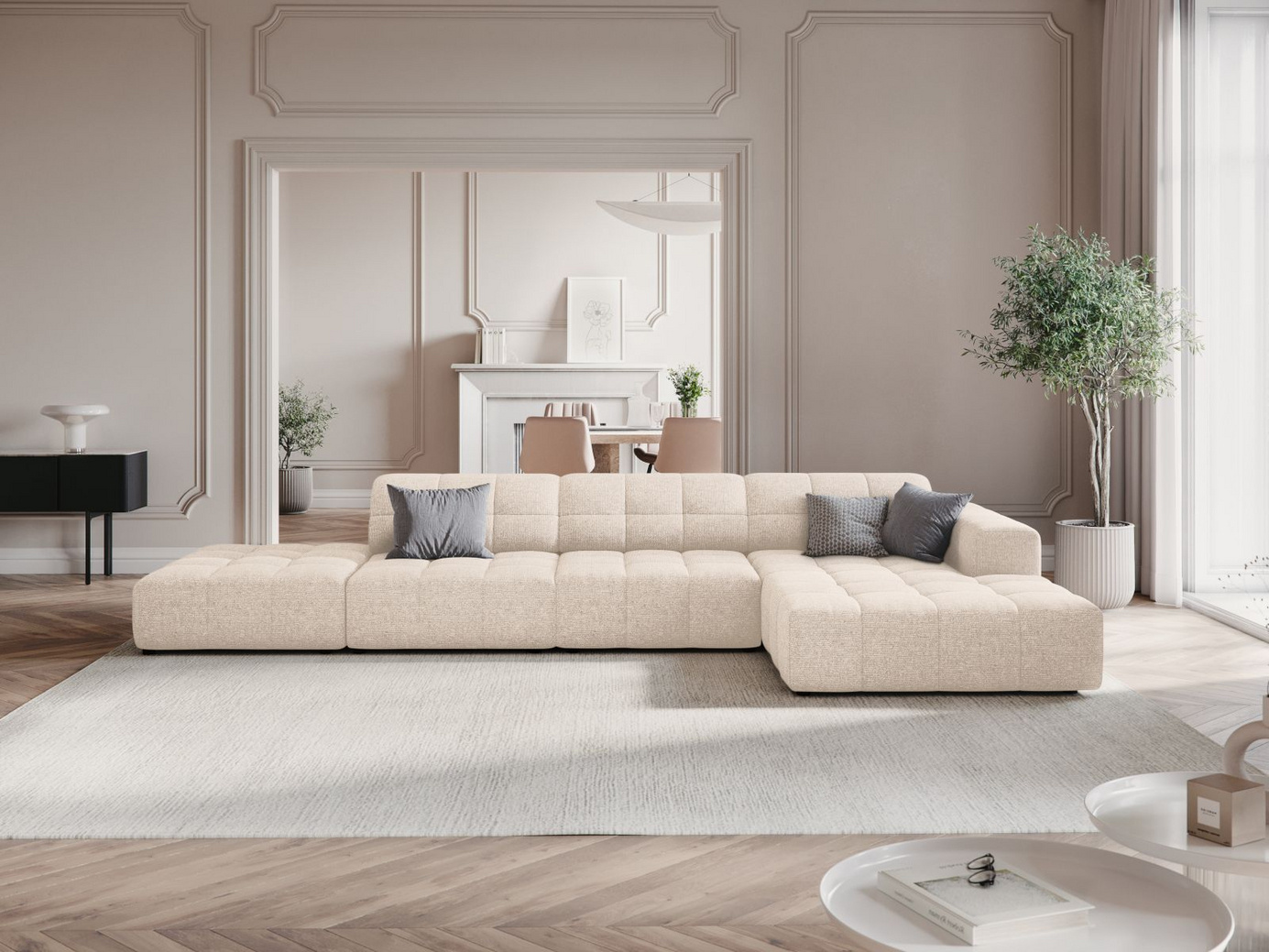 Cosmopolitan Design højrevendt hjørnesofa, "Chicago", 5-personers, 348 × 167 × 78 cm, Haga, sorte plastben