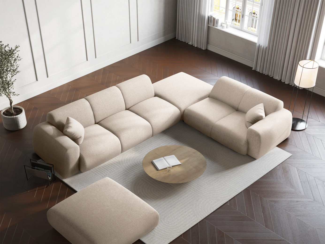 Cosmopolitan Design højrevendt hjørnesofa, "Nolio", 4-personers, 315 × 250 × 72 cm, Haga, sorte plastben