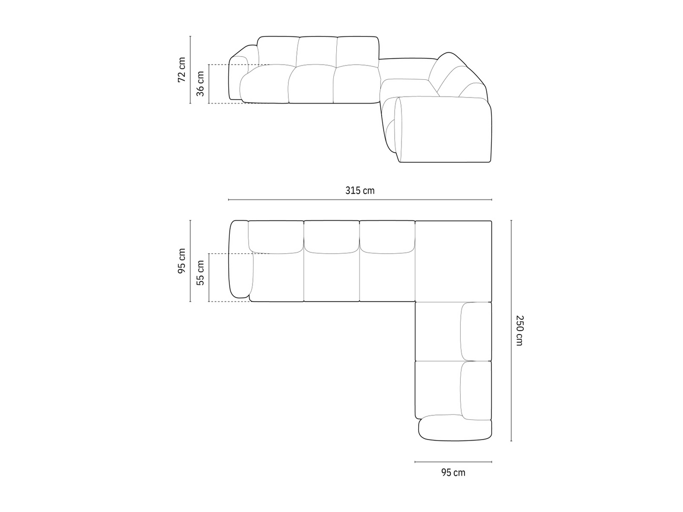 Cosmopolitan Design højrevendt hjørnesofa, "Nolio", 4-personers, 315 × 250 × 72 cm, Haga, sorte plastben