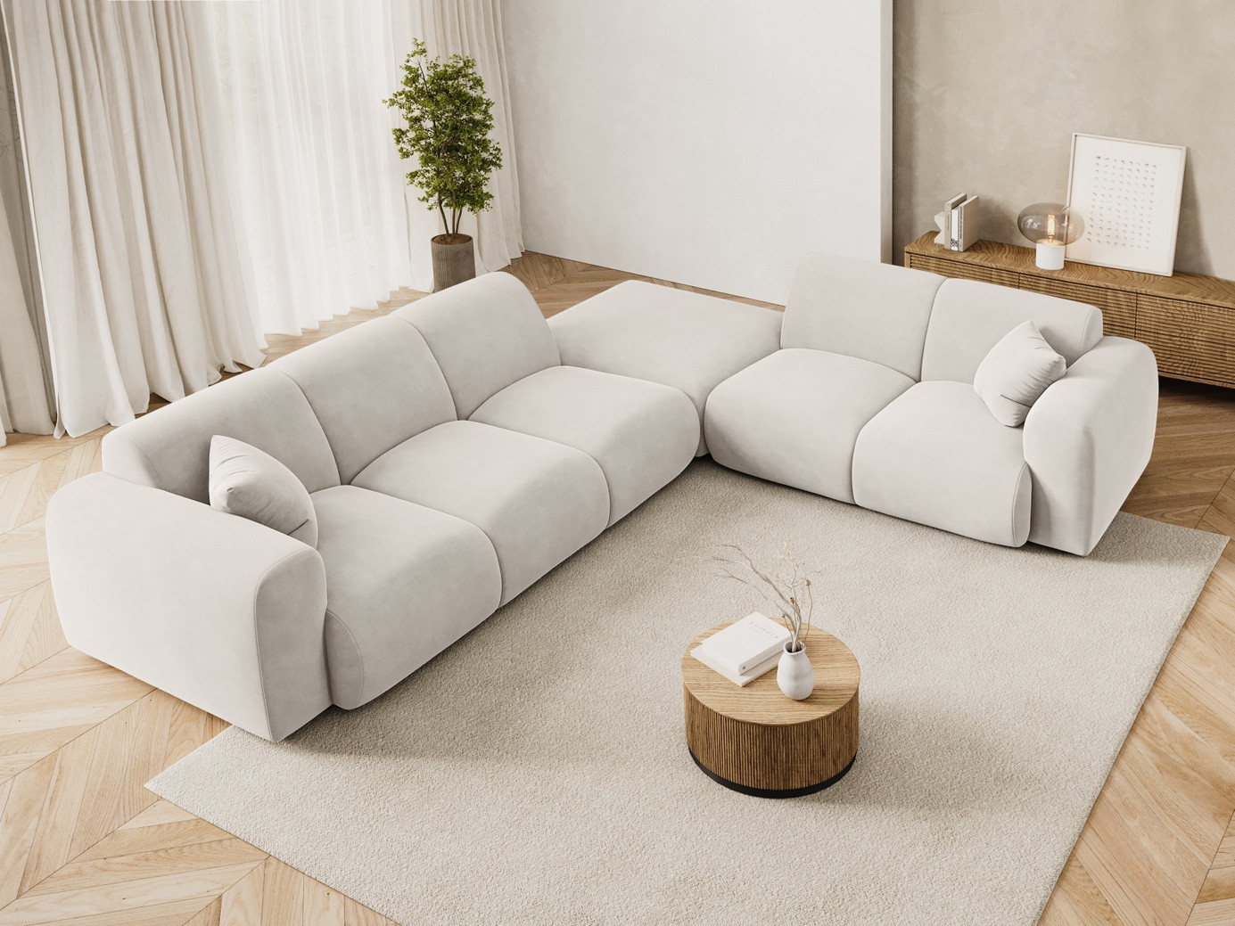 Cosmopolitan Design højrevendt velourhjørnesofa, "Nolio", 4-personers, 315 × 250 × 72 cm, Casino, sorte plastben