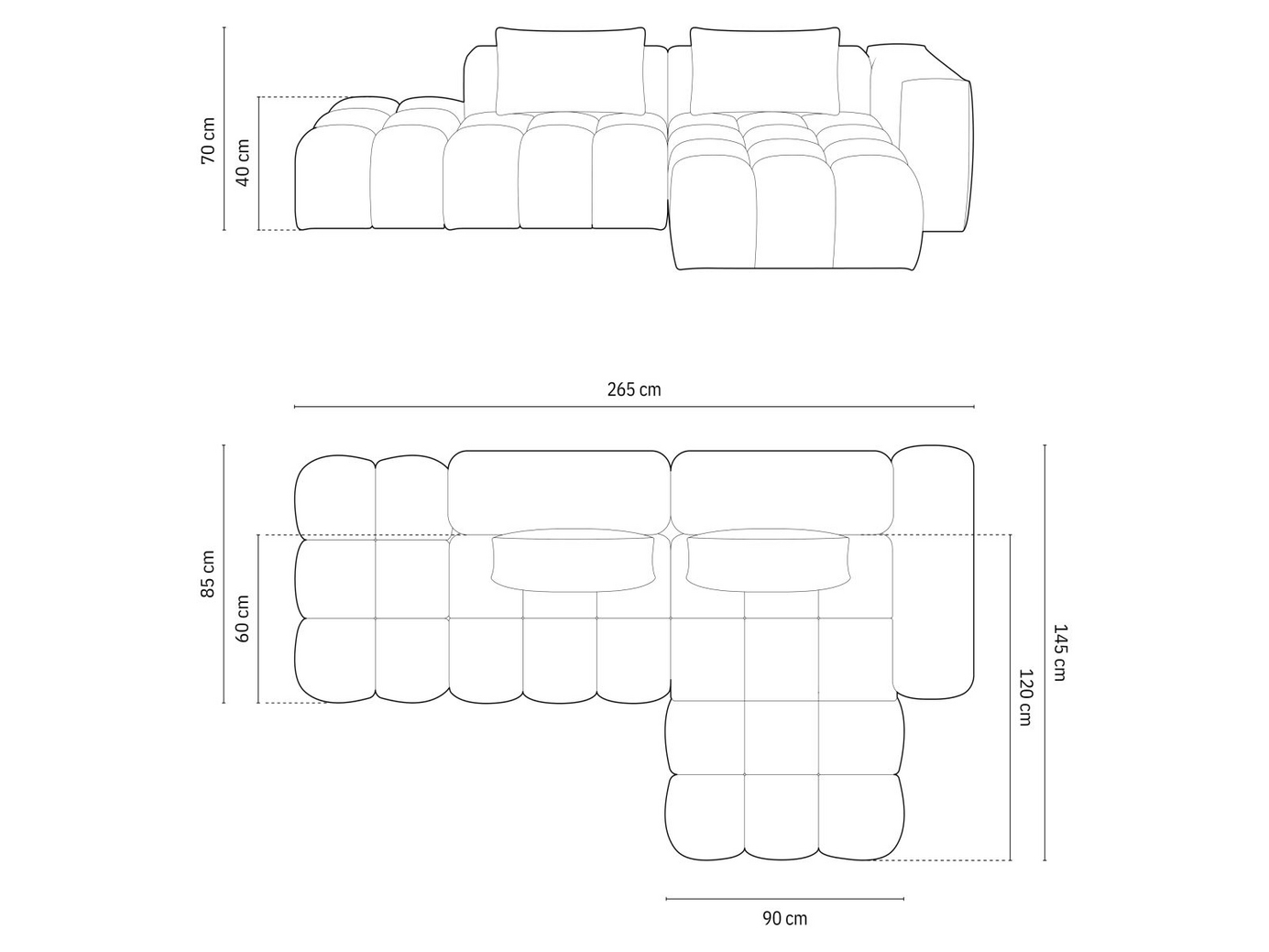Cosmopolitan Design højrevendt modulhjørnesofa, "Verona", 4-personers, 265 × 145 × 70 cm, Sorella, sorte plastben
