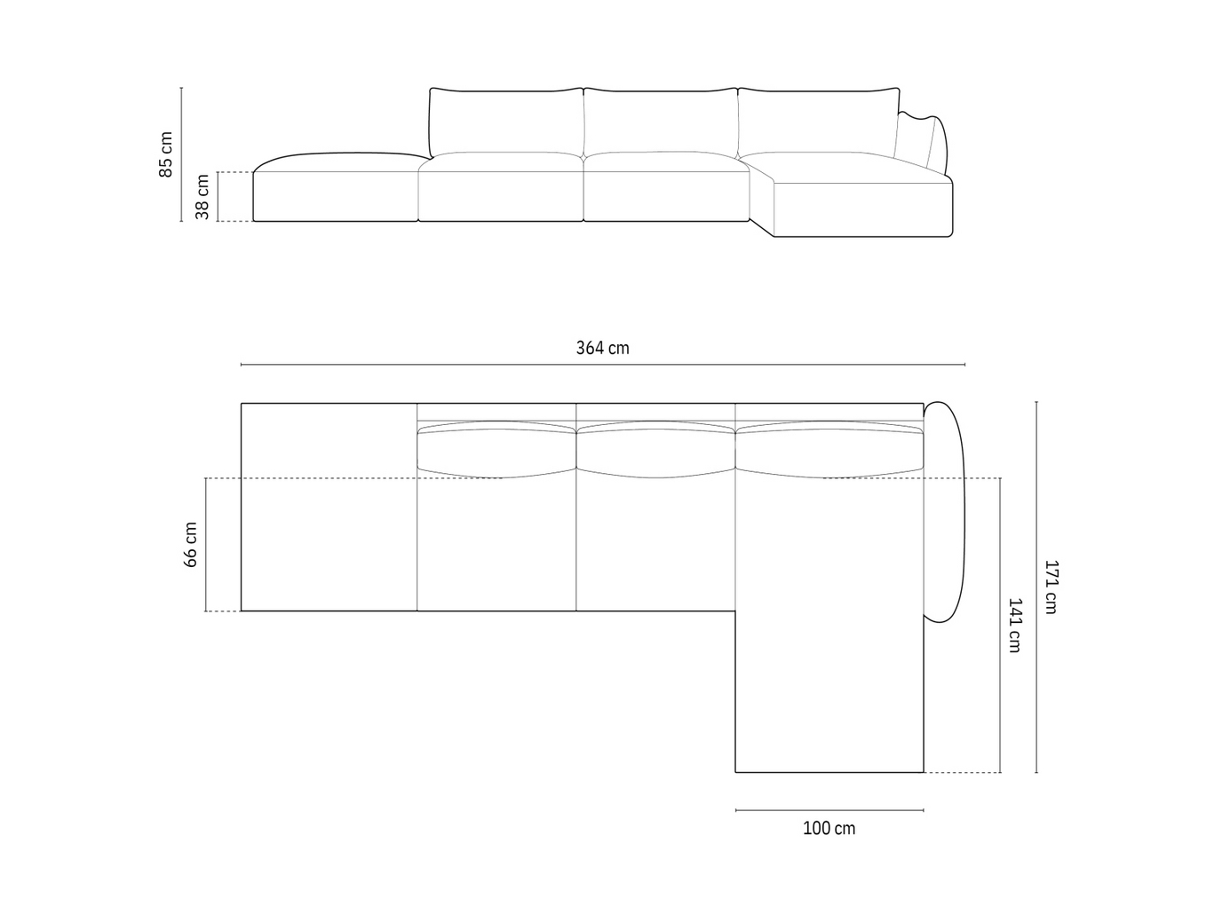 Cosmopolitan Design højrevendt velourhjørnesofa, "Matera", 5-personers, 364 × 171 × 85 cm, Salvador, sorte plastben