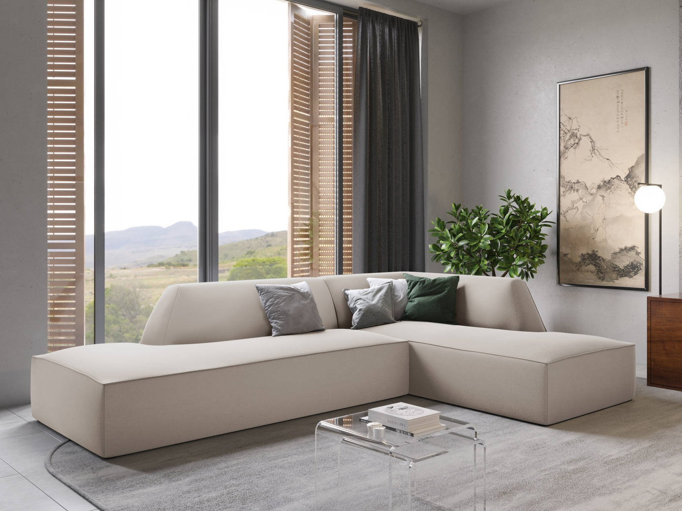 Cosmopolitan Design højrevendt velourmodulhjørnesofa, "Siena", 4-personers, 273 × 180 × 69 cm, Salvador, sorte plastben, Variant RCO_44