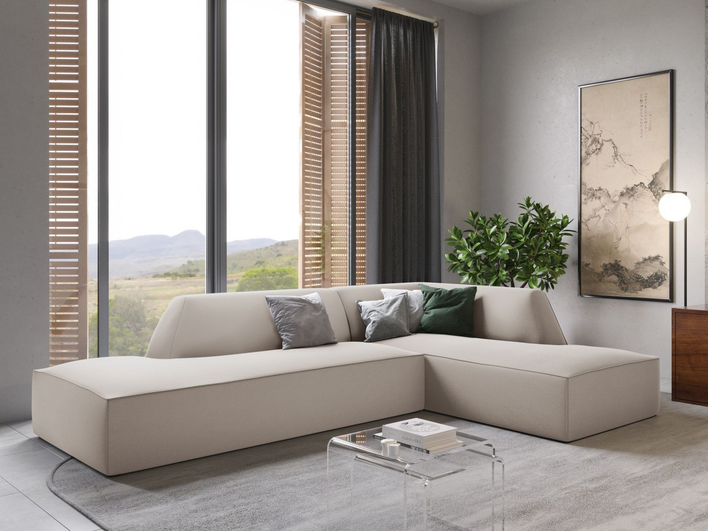 Cosmopolitan Design højrevendt velourmodulhjørnesofa, "Siena", 4-personers, 273 × 180 × 69 cm, Salvador, sorte plastben, Variant RCO_44
