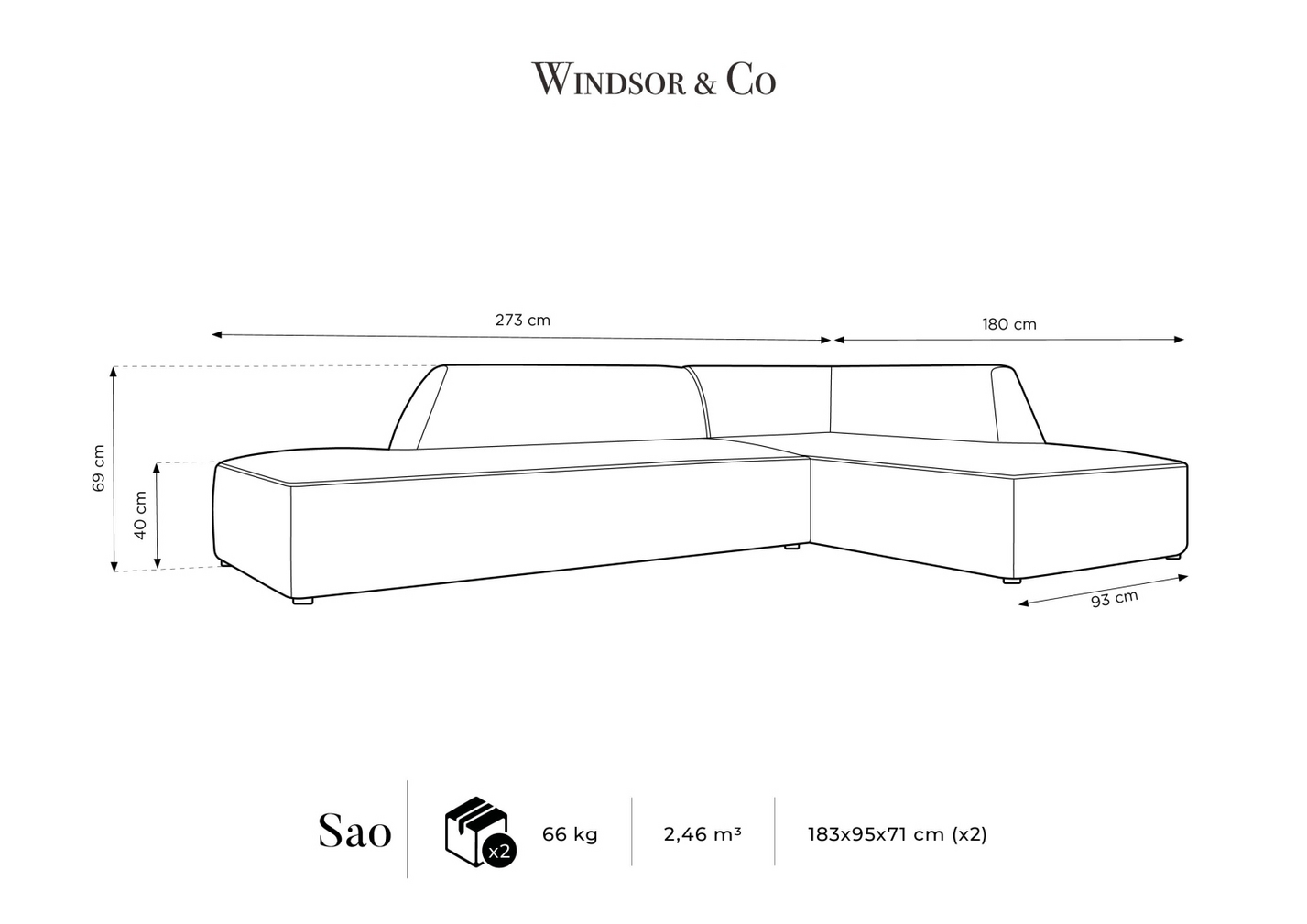 Cosmopolitan Design højrevendt velourmodulhjørnesofa, "Siena", 4-personers, 273 × 180 × 69 cm, Salvador, sorte plastben, Variant RCO_44