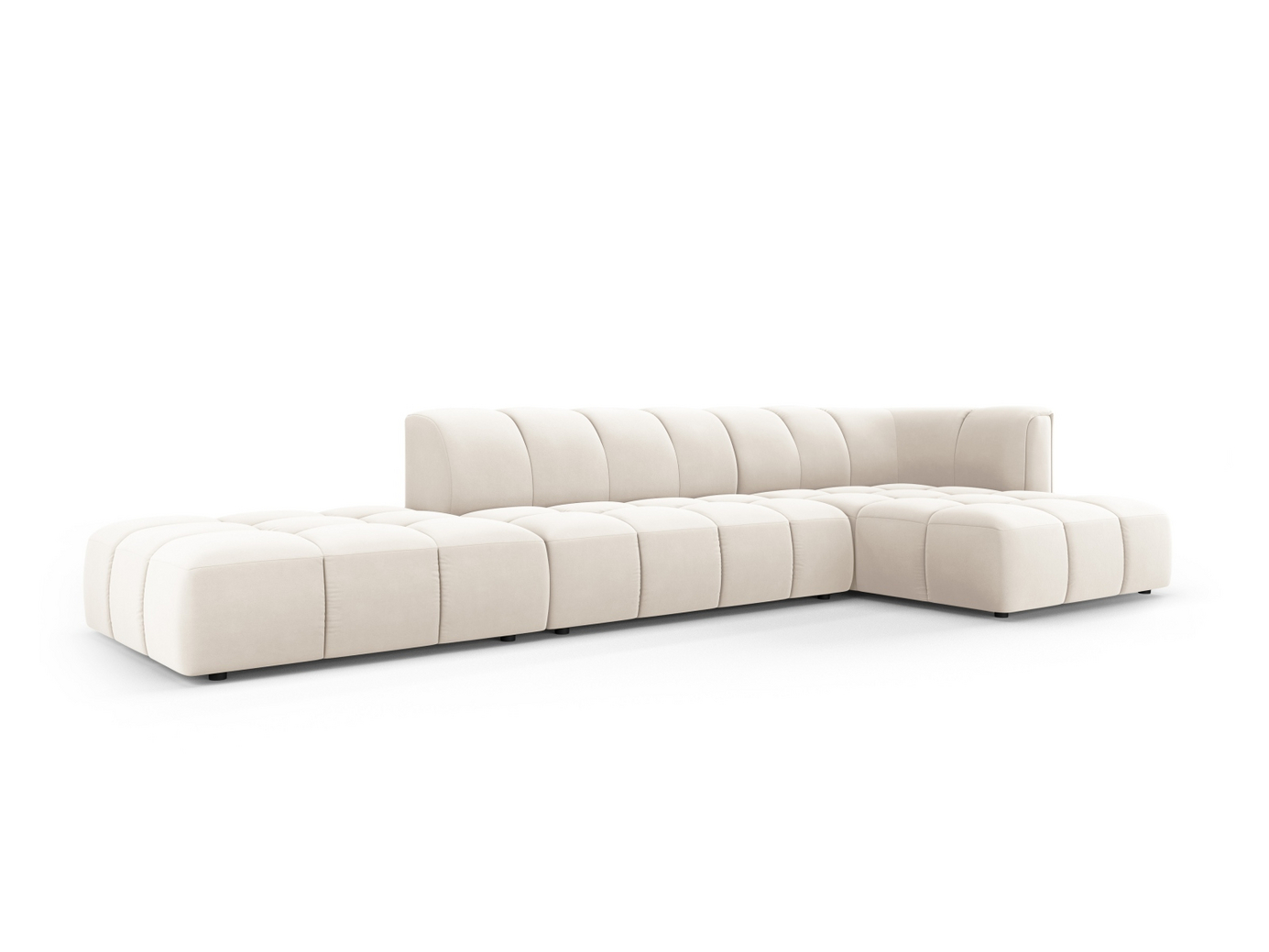 Cosmopolitan Design højrevendt velourmodulhjørnesofa, "Moritz", 5-personers, 323 × 160 × 70 cm, Bluvel, sorte plastben