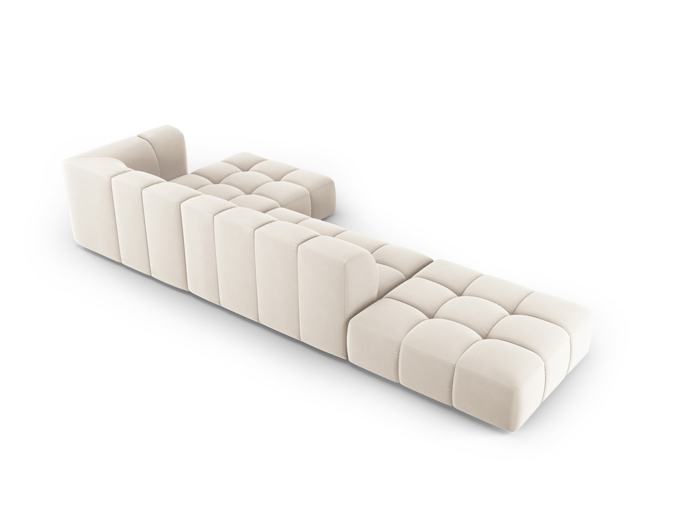 Cosmopolitan Design højrevendt velourmodulhjørnesofa, "Moritz", 5-personers, 323 × 160 × 70 cm, Bluvel, sorte plastben