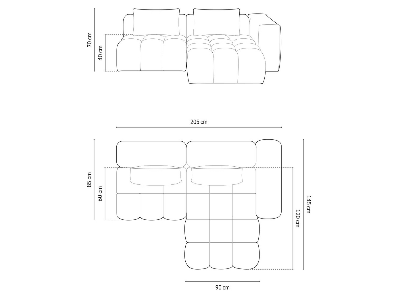 Cosmopolitan Design højrevendt modulhjørnesofa, "Verona", 3-personers, 205 × 145 × 70 cm, Sorella, sorte plastben