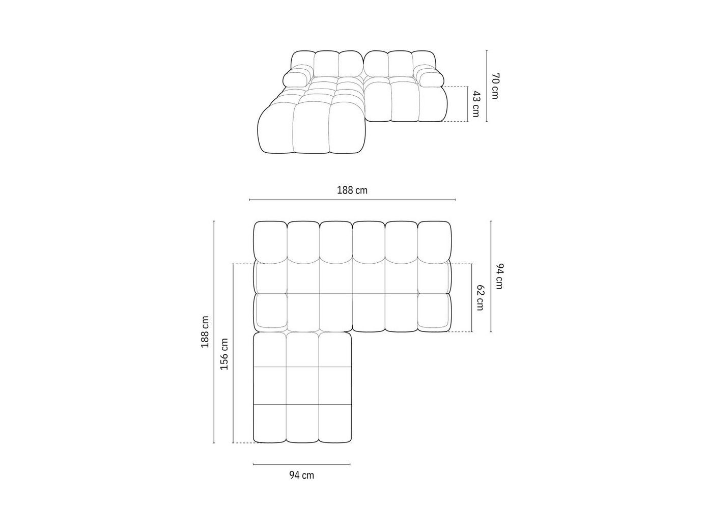 Cosmopolitan Design velourmodulsofa, "Cortina", 3-personers, 188 × 188 × 70 cm, Bluvel, sorte plastben