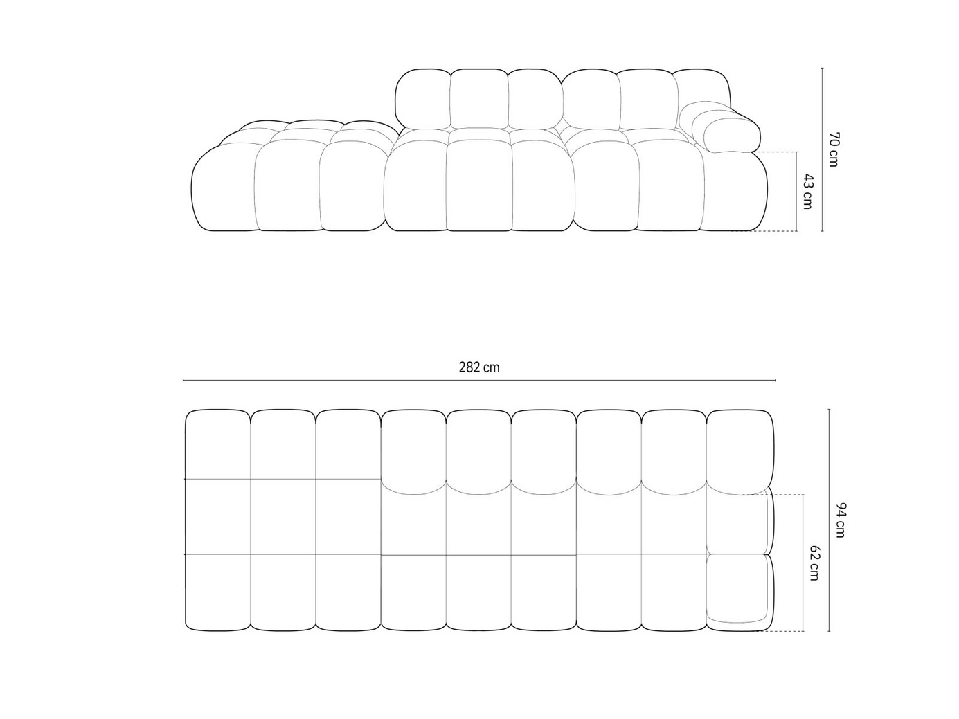 Cosmopolitan Design venstrevendt velourmodulsofa, "Cortina", 4-personers, 282 × 94 × 70 cm, Bluvel, sorte plastben