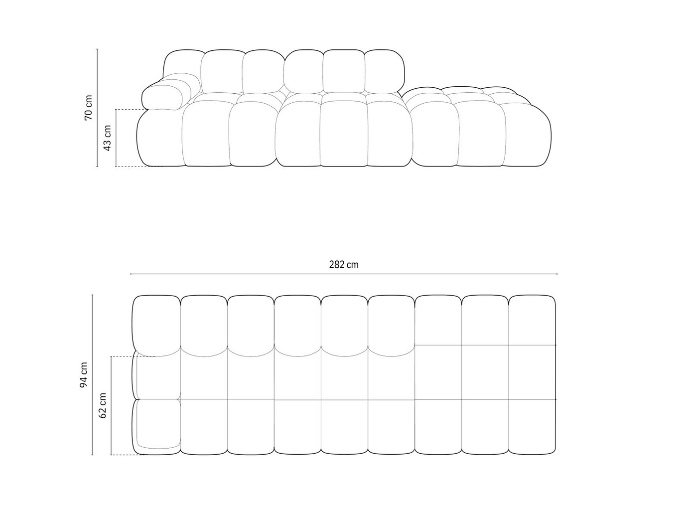 Cosmopolitan Design højrevendt velourmodulsofa, "Cortina", 4-personers, 282 × 94 × 70 cm, Bluvel, sorte plastben