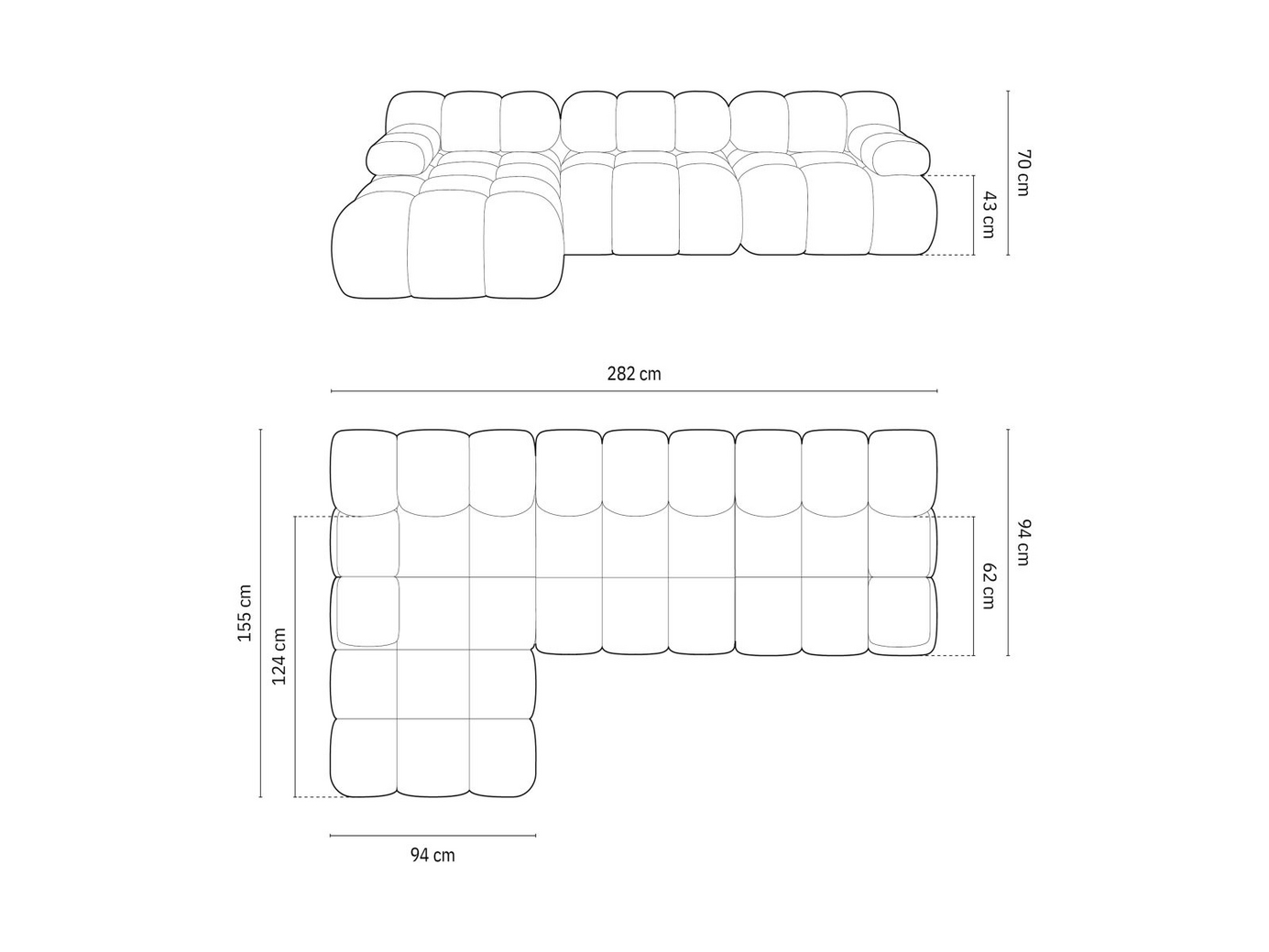 Cosmopolitan Design venstrevendt velourmodulhjørnesofa, "Cortina", 4-personers, 282 × 155 × 70 cm, Bluvel, sorte plastben