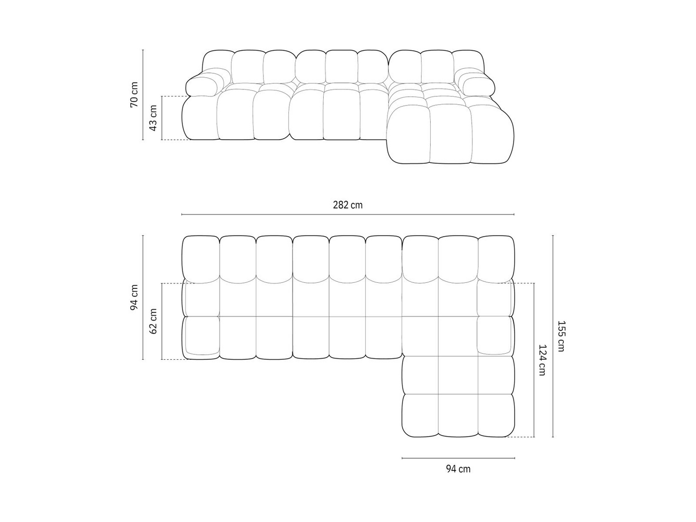 Cosmopolitan Design højrevendt velourmodulhjørnesofa, "Cortina", 4-personers, 282 × 155 × 70 cm, Bluvel, sorte plastben