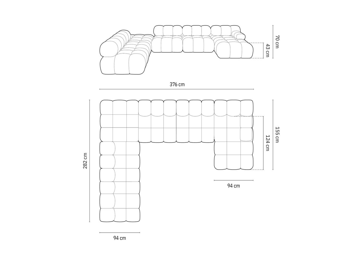 Cosmopolitan Design venstrevendt velourpanoramamodulhjørnesofa, "Cortina", 7-personers, 376 × 282 × 70 cm, Bluvel, sorte plastben