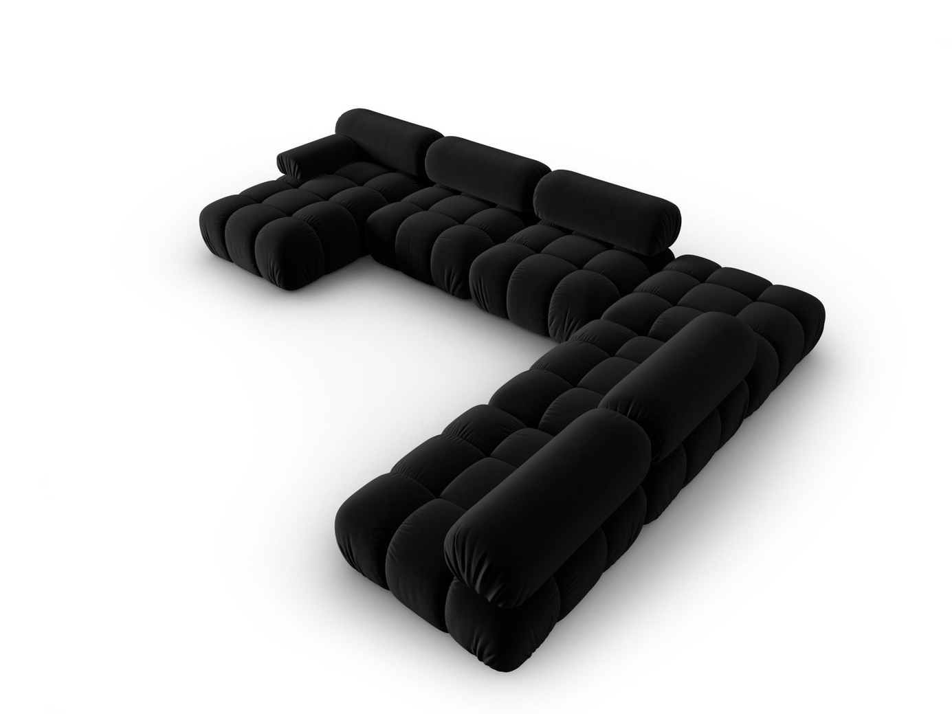 Cosmopolitan Design højrevendt velourpanoramamodulhjørnesofa, "Cortina", 7-personers, 376 × 282 × 70 cm, Bluvel, sorte plastben