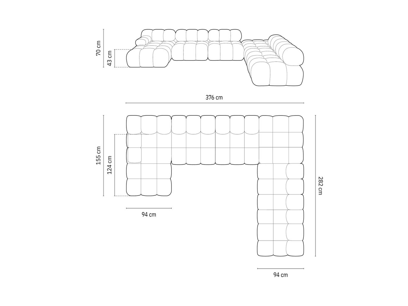 Cosmopolitan Design højrevendt velourpanoramamodulhjørnesofa, "Cortina", 7-personers, 376 × 282 × 70 cm, Bluvel, sorte plastben