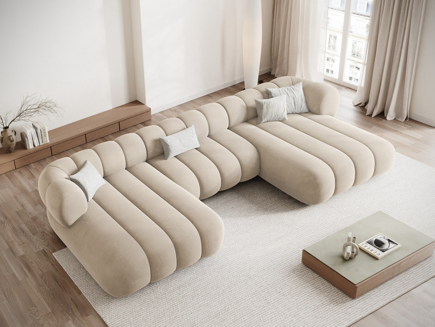 Cosmopolitan Design velourpanoramasofa, "Koge", 6-personers, 348 × 165 × 70 cm, Vogue, sorte plastben