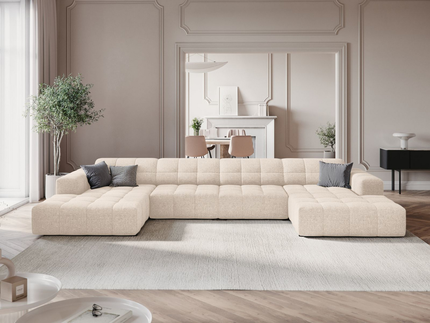 Cosmopolitan Design panoramasofa, "Chicago", 6-personers, 375 × 167 × 78 cm, Haga, sorte plastben