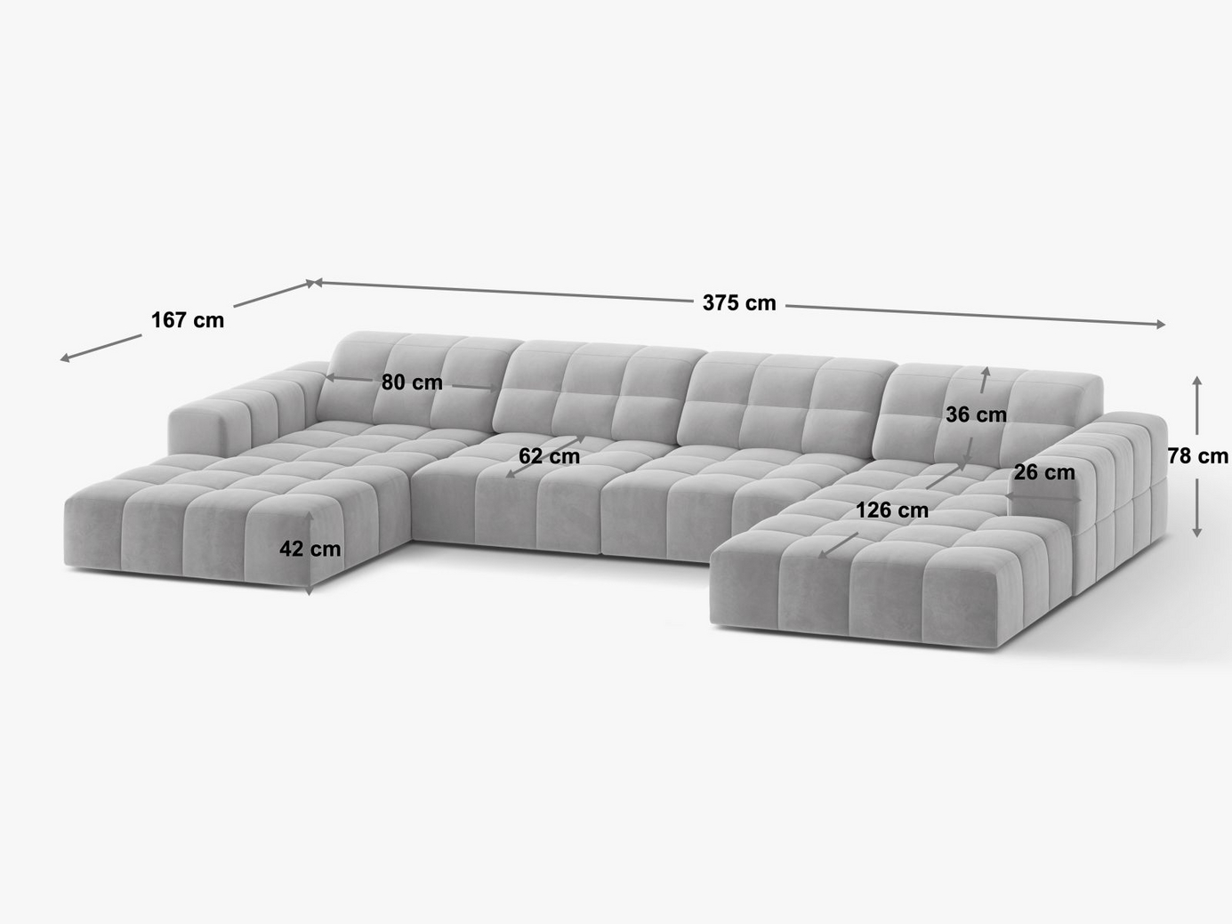 Cosmopolitan Design panoramasofa, "Chicago", 6-personers, 375 × 167 × 78 cm, Haga, sorte plastben
