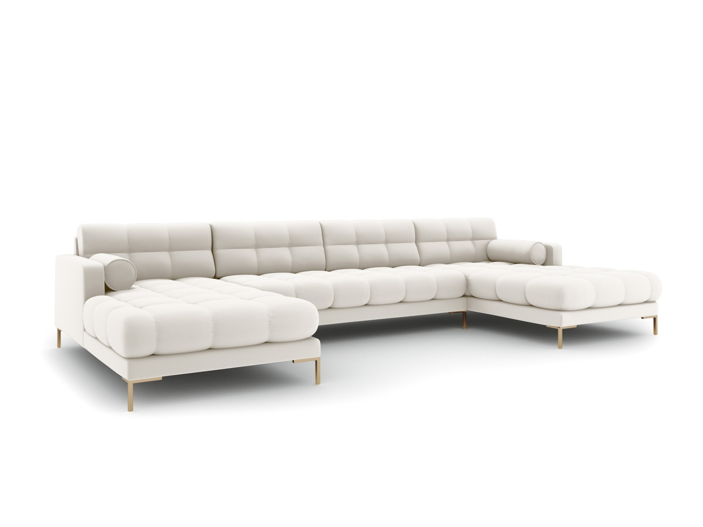 Cosmopolitan Design panoramasofa, "Bali", 7-personers, 383 × 185 × 75 cm, Neve, guldfarvede metalben