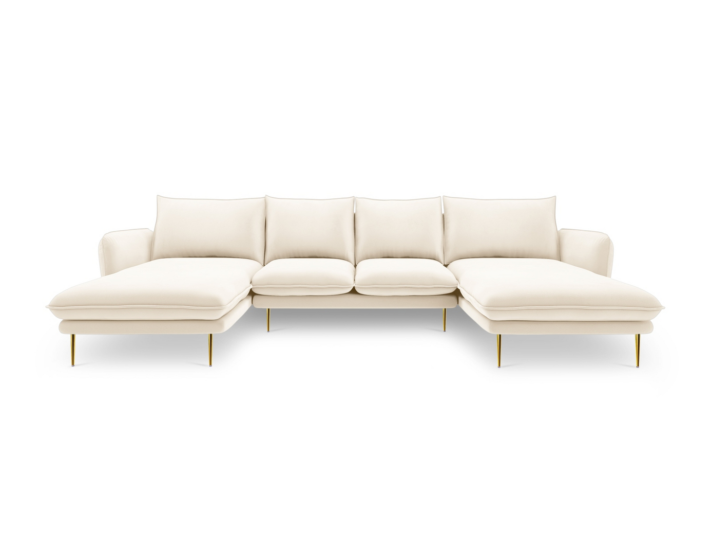 Cosmopolitan Design velourpanoramasofa, "Vienna", 6-personers, 350 × 170 × 95 cm, Bluvel, guldfarvede metalben
