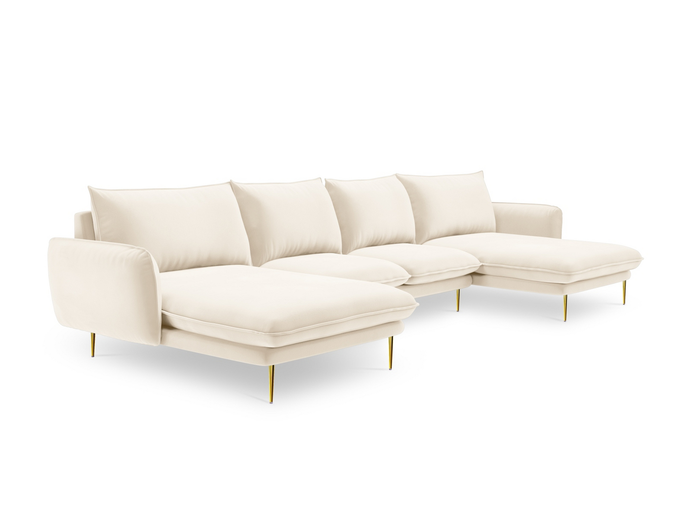 Cosmopolitan Design velourpanoramasofa, "Vienna", 6-personers, 350 × 170 × 95 cm, Bluvel, guldfarvede metalben
