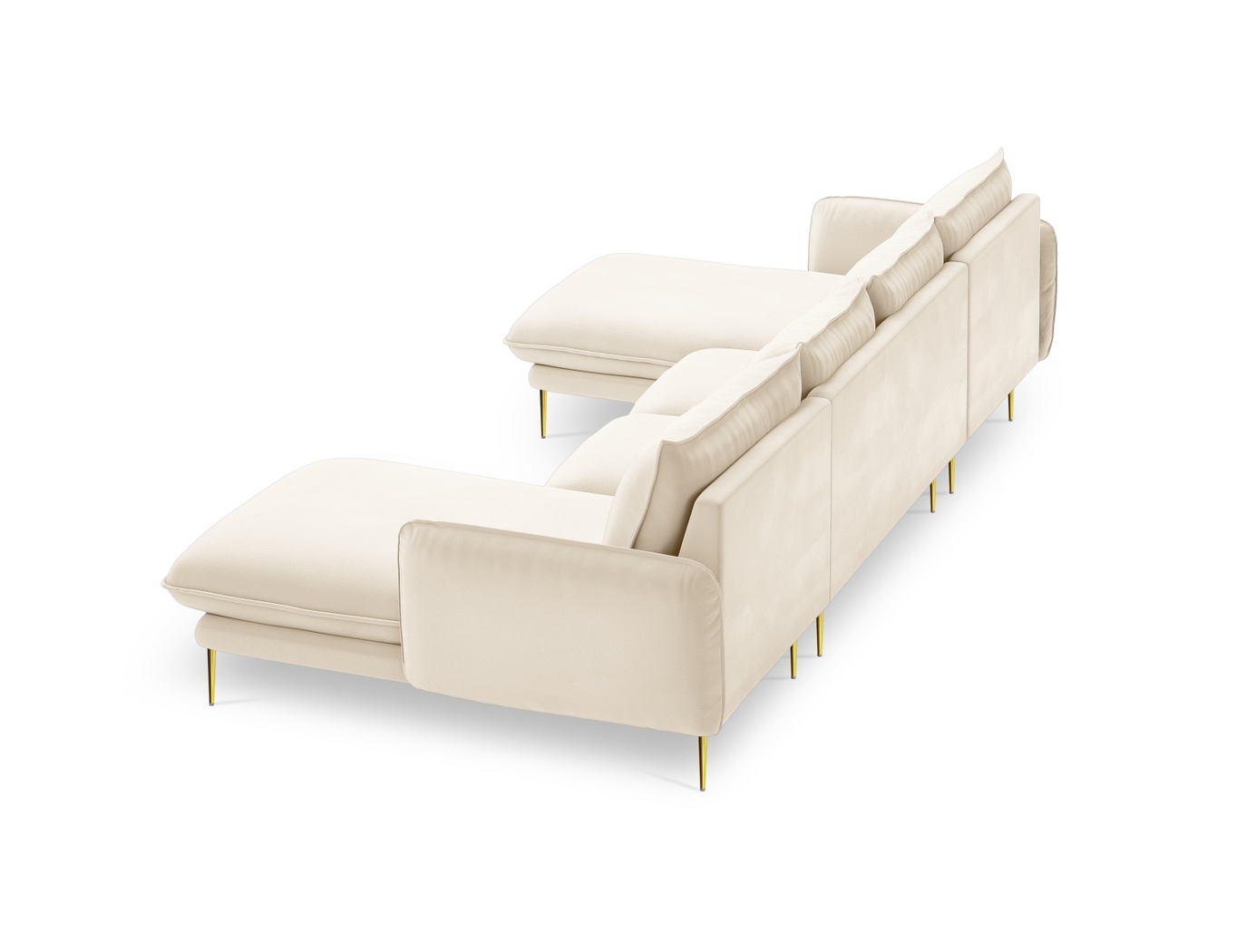 Cosmopolitan Design velourpanoramasofa, "Vienna", 6-personers, 350 × 170 × 95 cm, Bluvel, guldfarvede metalben
