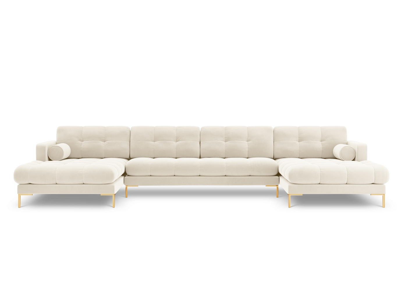 Cosmopolitan Design velourpanoramasofa, "Bali", 7-personers, 383 × 185 × 75 cm, Bluvel, guldfarvede metalben