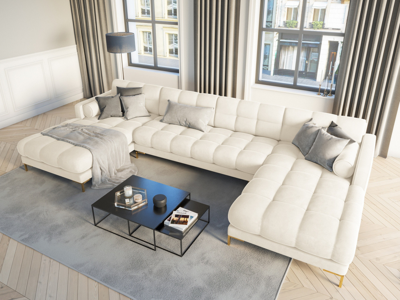 Cosmopolitan Design velourpanoramasofa, "Bali", 7-personers, 383 × 185 × 75 cm, Bluvel, guldfarvede metalben