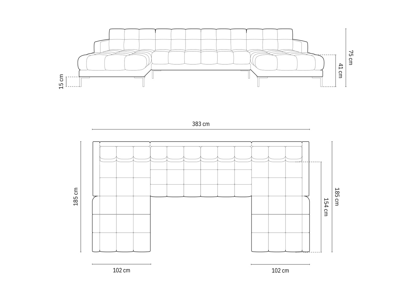 Cosmopolitan Design velourpanoramasofa, "Bali", 7-personers, 383 × 185 × 75 cm, Bluvel, sorte metalben