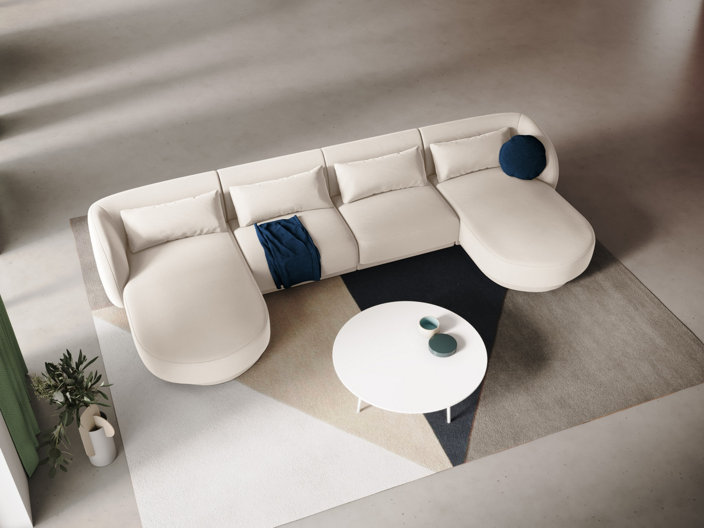 Cosmopolitan Design velourpanoramasofa, "Tulum", 5-personers, 330 × 156 × 70 cm, Bluvel, sorte plastben