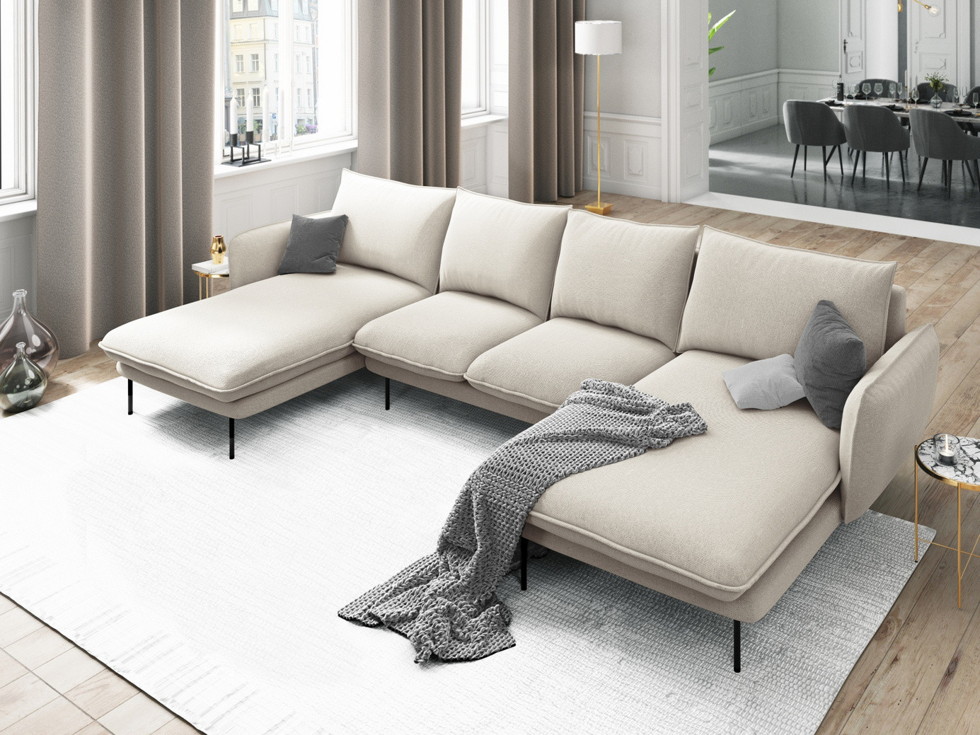 Cosmopolitan Design panoramasofa, "Vienna", 6-personers, 350 × 170 × 95 cm, Positano, sorte metalben