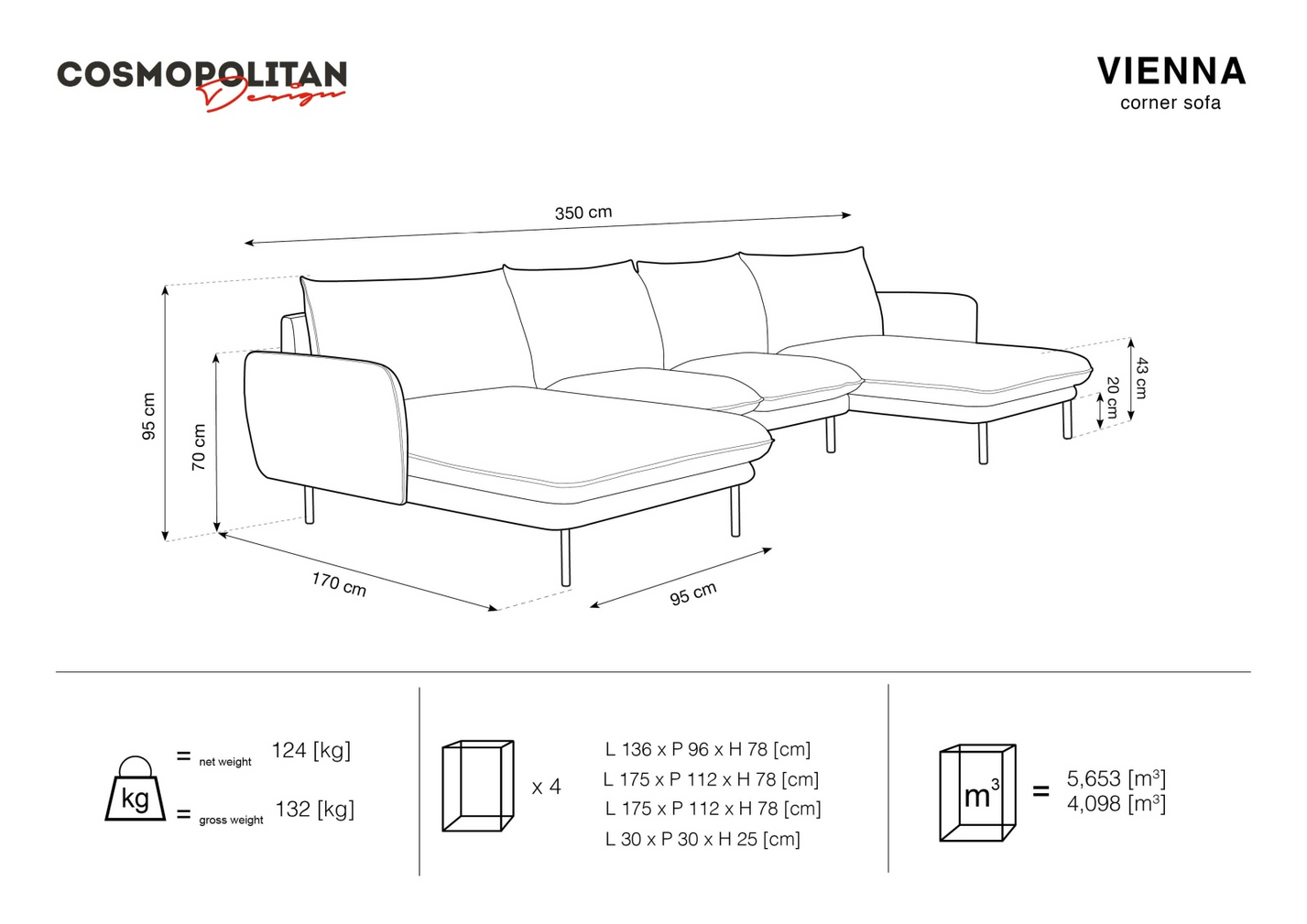 Cosmopolitan Design panoramasofa, "Vienna", 6-personers, 350 × 170 × 95 cm, Positano, sorte metalben